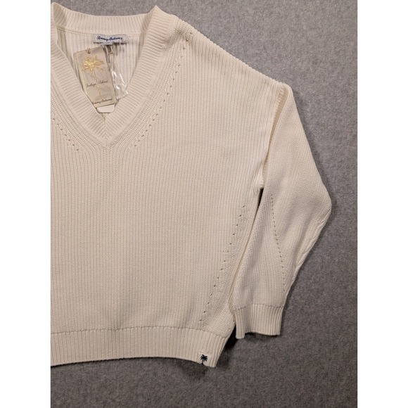 Tommy Bahama Women's Ivory V Neck Knit Sweater Oversize Dolman Coastal Vacay XL - Picture 3 of 16
